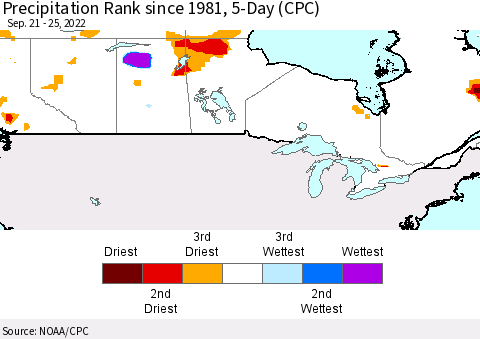 Canada Precipitation Rank since 1981, 5-Day (CPC) Thematic Map For 9/21/2022 - 9/25/2022