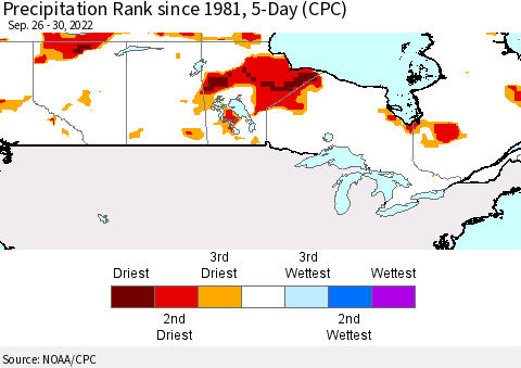 Canada Precipitation Rank since 1981, 5-Day (CPC) Thematic Map For 9/26/2022 - 9/30/2022