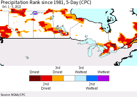 Canada Precipitation Rank since 1981, 5-Day (CPC) Thematic Map For 10/1/2022 - 10/5/2022