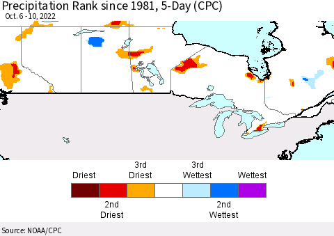 Canada Precipitation Rank since 1981, 5-Day (CPC) Thematic Map For 10/6/2022 - 10/10/2022