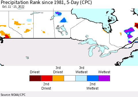 Canada Precipitation Rank since 1981, 5-Day (CPC) Thematic Map For 10/11/2022 - 10/15/2022
