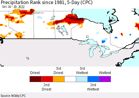 Canada Precipitation Rank since 1981, 5-Day (CPC) Thematic Map For 10/16/2022 - 10/20/2022