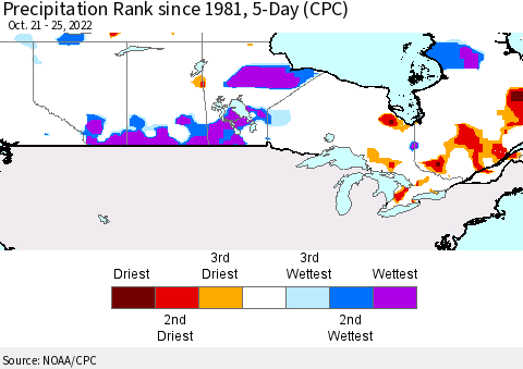 Canada Precipitation Rank since 1981, 5-Day (CPC) Thematic Map For 10/21/2022 - 10/25/2022