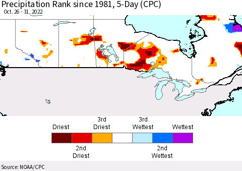 Canada Precipitation Rank since 1981, 5-Day (CPC) Thematic Map For 10/26/2022 - 10/31/2022