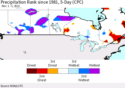 Canada Precipitation Rank since 1981, 5-Day (CPC) Thematic Map For 11/1/2022 - 11/5/2022