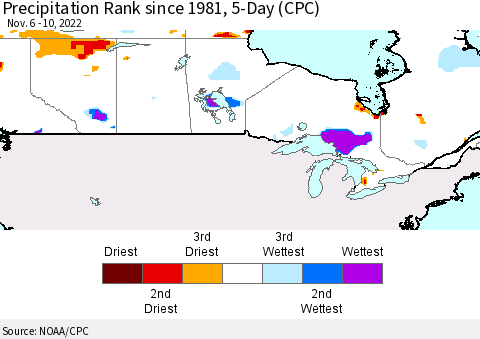 Canada Precipitation Rank since 1981, 5-Day (CPC) Thematic Map For 11/6/2022 - 11/10/2022