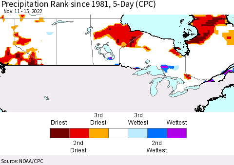 Canada Precipitation Rank since 1981, 5-Day (CPC) Thematic Map For 11/11/2022 - 11/15/2022
