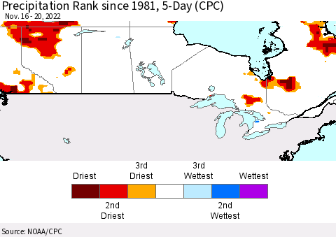 Canada Precipitation Rank since 1981, 5-Day (CPC) Thematic Map For 11/16/2022 - 11/20/2022