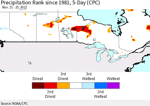 Canada Precipitation Rank since 1981, 5-Day (CPC) Thematic Map For 11/21/2022 - 11/25/2022