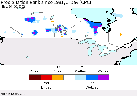 Canada Precipitation Rank since 1981, 5-Day (CPC) Thematic Map For 11/26/2022 - 11/30/2022