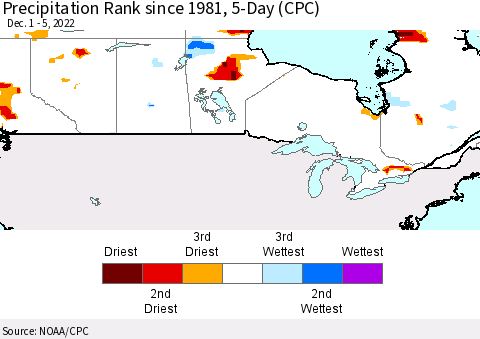 Canada Precipitation Rank since 1981, 5-Day (CPC) Thematic Map For 12/1/2022 - 12/5/2022