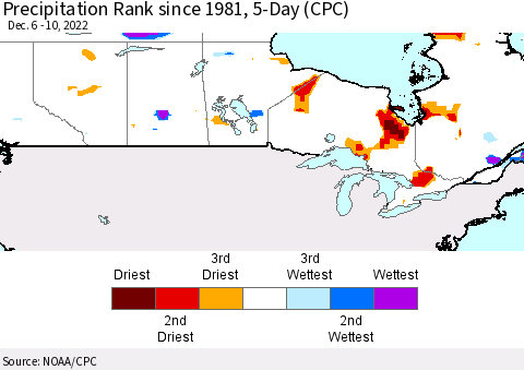 Canada Precipitation Rank since 1981, 5-Day (CPC) Thematic Map For 12/6/2022 - 12/10/2022