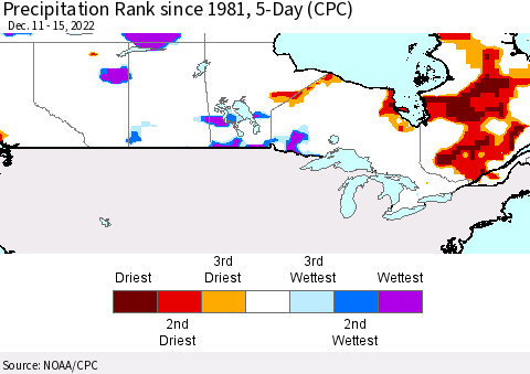 Canada Precipitation Rank since 1981, 5-Day (CPC) Thematic Map For 12/11/2022 - 12/15/2022