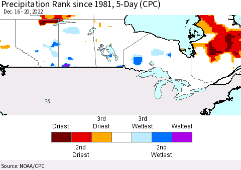 Canada Precipitation Rank since 1981, 5-Day (CPC) Thematic Map For 12/16/2022 - 12/20/2022