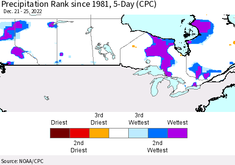 Canada Precipitation Rank since 1981, 5-Day (CPC) Thematic Map For 12/21/2022 - 12/25/2022