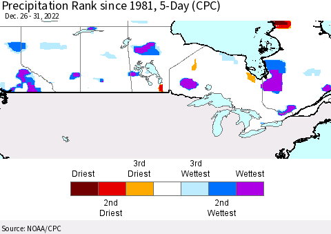 Canada Precipitation Rank since 1981, 5-Day (CPC) Thematic Map For 12/26/2022 - 12/31/2022