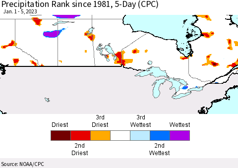 Canada Precipitation Rank since 1981, 5-Day (CPC) Thematic Map For 1/1/2023 - 1/5/2023
