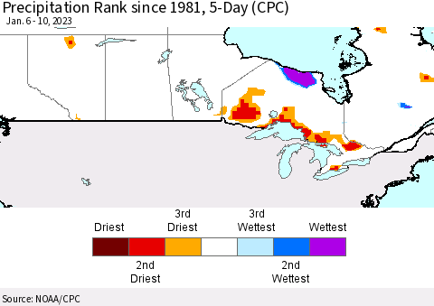 Canada Precipitation Rank since 1981, 5-Day (CPC) Thematic Map For 1/6/2023 - 1/10/2023