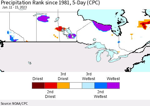 Canada Precipitation Rank since 1981, 5-Day (CPC) Thematic Map For 1/11/2023 - 1/15/2023
