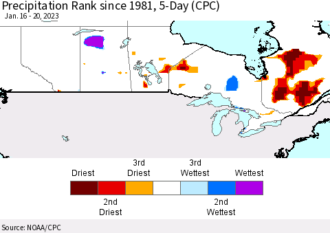 Canada Precipitation Rank since 1981, 5-Day (CPC) Thematic Map For 1/16/2023 - 1/20/2023