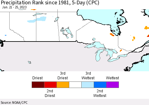 Canada Precipitation Rank since 1981, 5-Day (CPC) Thematic Map For 1/21/2023 - 1/25/2023