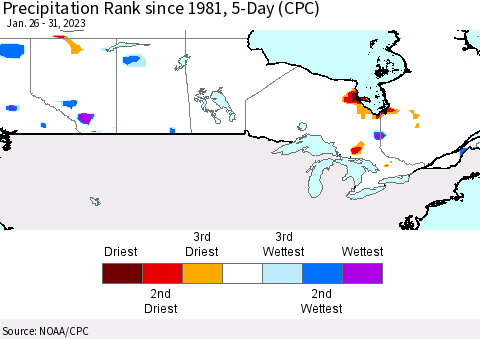 Canada Precipitation Rank since 1981, 5-Day (CPC) Thematic Map For 1/26/2023 - 1/31/2023