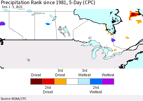 Canada Precipitation Rank since 1981, 5-Day (CPC) Thematic Map For 2/1/2023 - 2/5/2023
