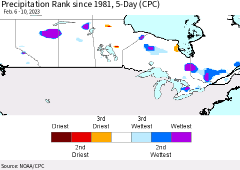 Canada Precipitation Rank since 1981, 5-Day (CPC) Thematic Map For 2/6/2023 - 2/10/2023