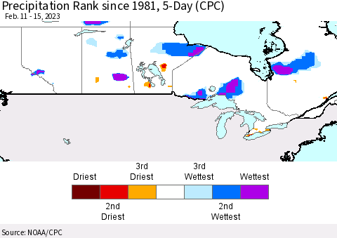 Canada Precipitation Rank since 1981, 5-Day (CPC) Thematic Map For 2/11/2023 - 2/15/2023