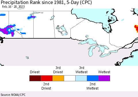 Canada Precipitation Rank since 1981, 5-Day (CPC) Thematic Map For 2/16/2023 - 2/20/2023