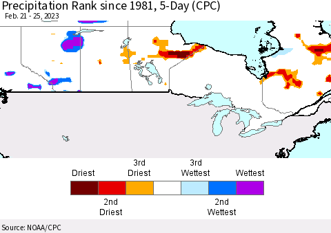 Canada Precipitation Rank since 1981, 5-Day (CPC) Thematic Map For 2/21/2023 - 2/25/2023
