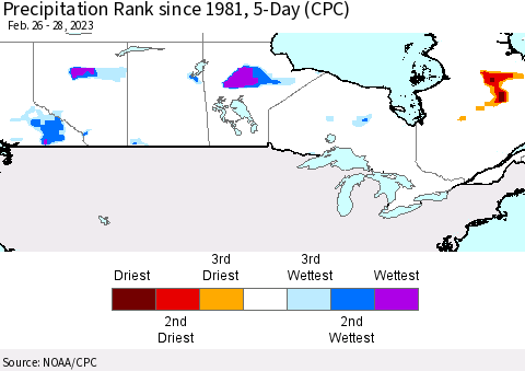 Canada Precipitation Rank since 1981, 5-Day (CPC) Thematic Map For 2/26/2023 - 2/28/2023