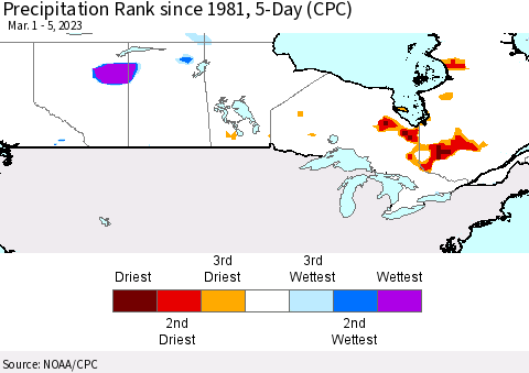 Canada Precipitation Rank since 1981, 5-Day (CPC) Thematic Map For 3/1/2023 - 3/5/2023