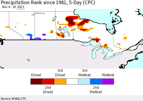 Canada Precipitation Rank since 1981, 5-Day (CPC) Thematic Map For 3/6/2023 - 3/10/2023