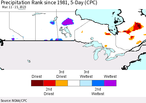 Canada Precipitation Rank since 1981, 5-Day (CPC) Thematic Map For 3/11/2023 - 3/15/2023