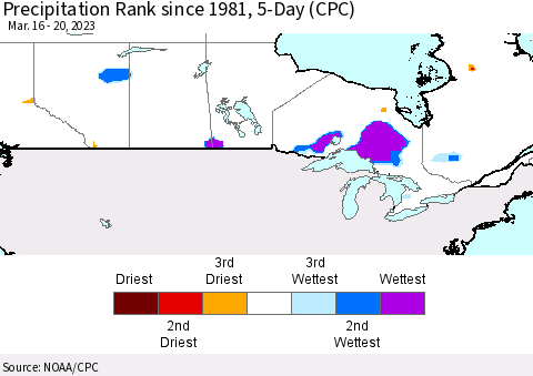 Canada Precipitation Rank since 1981, 5-Day (CPC) Thematic Map For 3/16/2023 - 3/20/2023