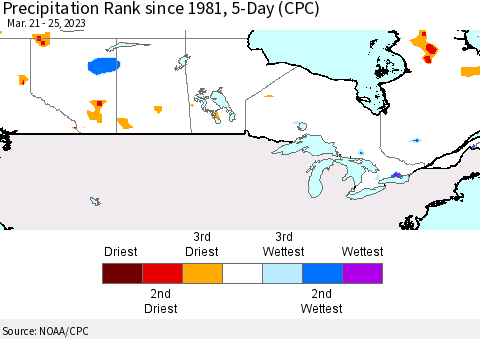Canada Precipitation Rank since 1981, 5-Day (CPC) Thematic Map For 3/21/2023 - 3/25/2023