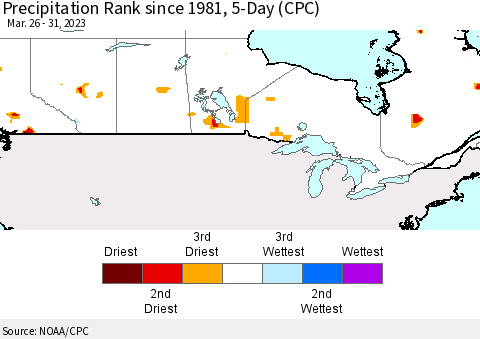 Canada Precipitation Rank since 1981, 5-Day (CPC) Thematic Map For 3/26/2023 - 3/31/2023