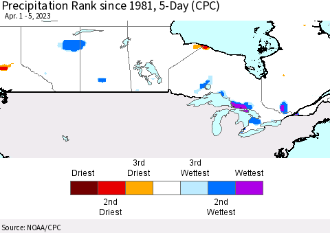 Canada Precipitation Rank since 1981, 5-Day (CPC) Thematic Map For 4/1/2023 - 4/5/2023