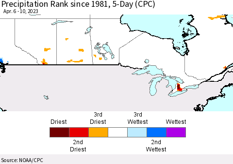 Canada Precipitation Rank since 1981, 5-Day (CPC) Thematic Map For 4/6/2023 - 4/10/2023