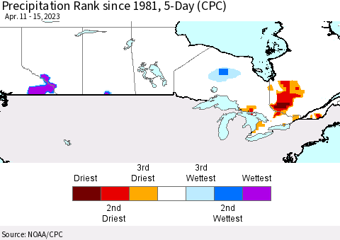 Canada Precipitation Rank since 1981, 5-Day (CPC) Thematic Map For 4/11/2023 - 4/15/2023