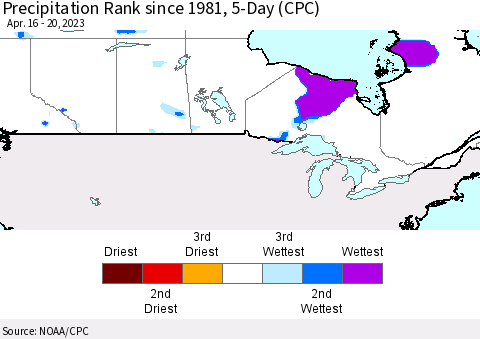 Canada Precipitation Rank since 1981, 5-Day (CPC) Thematic Map For 4/16/2023 - 4/20/2023