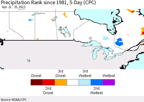 Canada Precipitation Rank since 1981, 5-Day (CPC) Thematic Map For 4/21/2023 - 4/25/2023