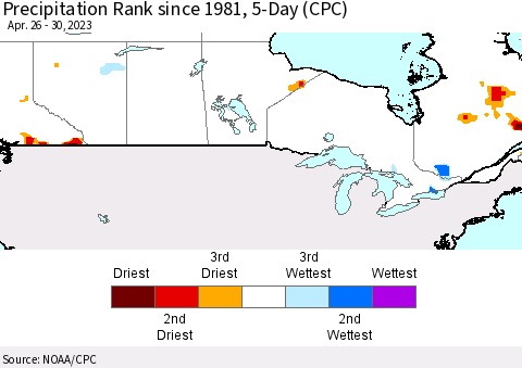 Canada Precipitation Rank since 1981, 5-Day (CPC) Thematic Map For 4/26/2023 - 4/30/2023