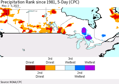 Canada Precipitation Rank since 1981, 5-Day (CPC) Thematic Map For 5/1/2023 - 5/5/2023