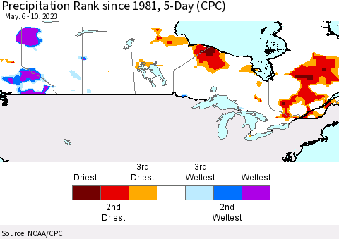 Canada Precipitation Rank since 1981, 5-Day (CPC) Thematic Map For 5/6/2023 - 5/10/2023