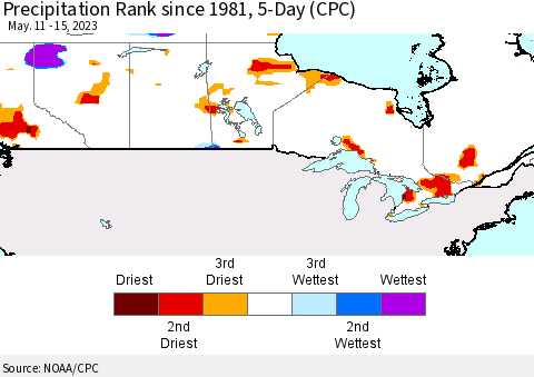 Canada Precipitation Rank since 1981, 5-Day (CPC) Thematic Map For 5/11/2023 - 5/15/2023
