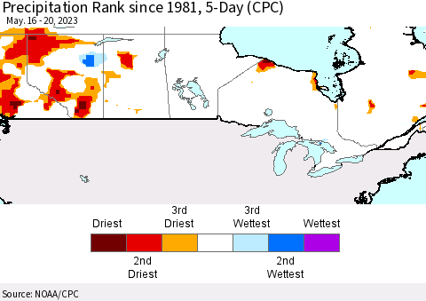 Canada Precipitation Rank since 1981, 5-Day (CPC) Thematic Map For 5/16/2023 - 5/20/2023