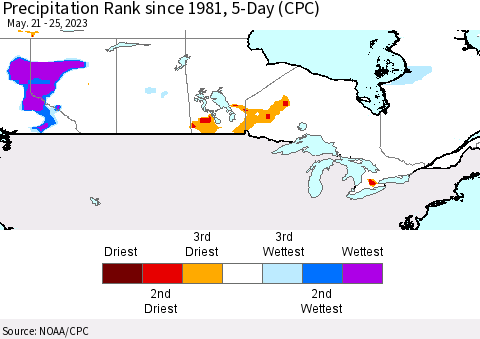 Canada Precipitation Rank since 1981, 5-Day (CPC) Thematic Map For 5/21/2023 - 5/25/2023