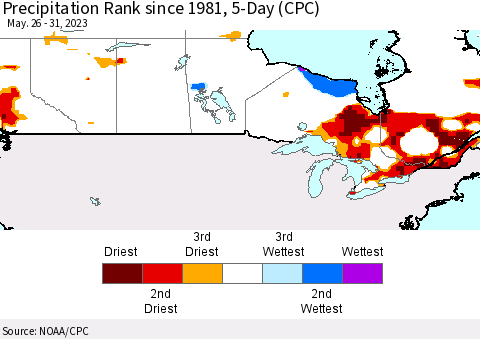 Canada Precipitation Rank since 1981, 5-Day (CPC) Thematic Map For 5/26/2023 - 5/31/2023